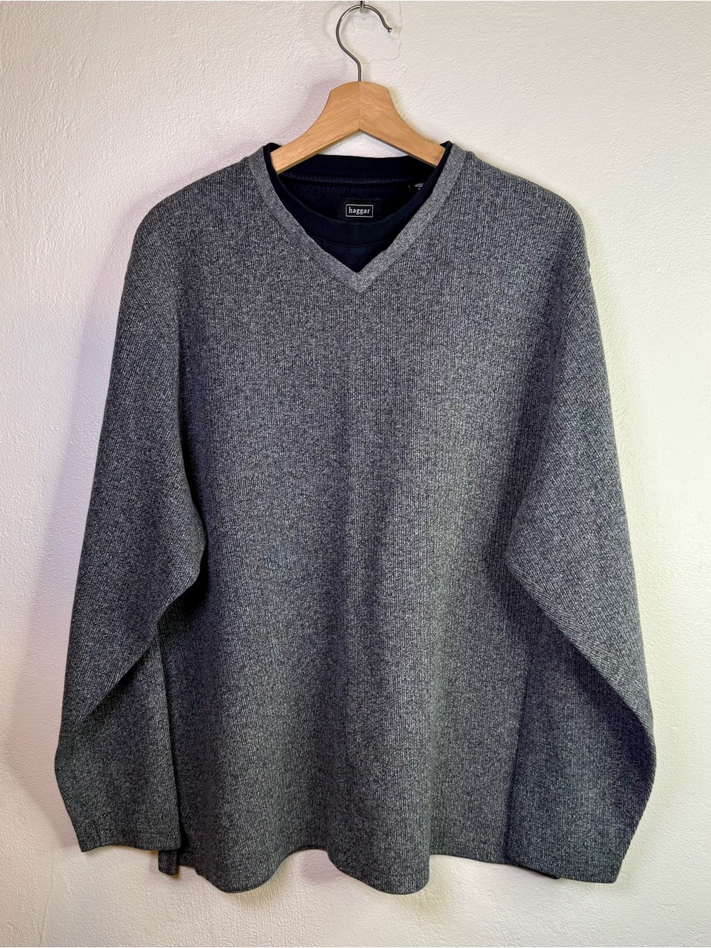Haggar Men's Vintage Y2K Layered V Neck Sweater Gray Knit Long Sleeve Size XL